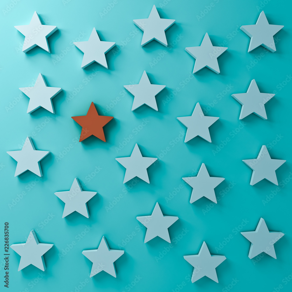Stand out from the crowd and different creative idea concepts One red star standing among other white stars on dark blue green pastel color background with shadows 3D rendering Stand out from the crowd and different creative idea concepts One red star standing among other white stars on dark blue green pastel color background with shadows 3D rendering