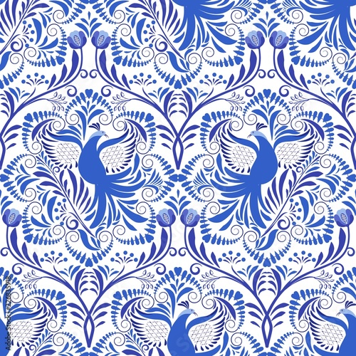 Blue and white pattern seamless with flowers and birds. Background Based on the national painting on porcelain.