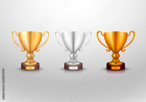 Winner cup gold silver bronz sign set, object collection. Vector illustration