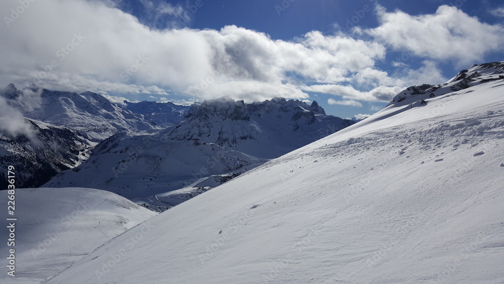 Image of ski resort in the winter with snow covered mountains and slops