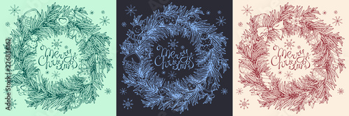 Group of vector colorful illustrations on the theme of Christmas Traditions; a wreath of branches of a Christmas tree, decorated with New Year decorations.