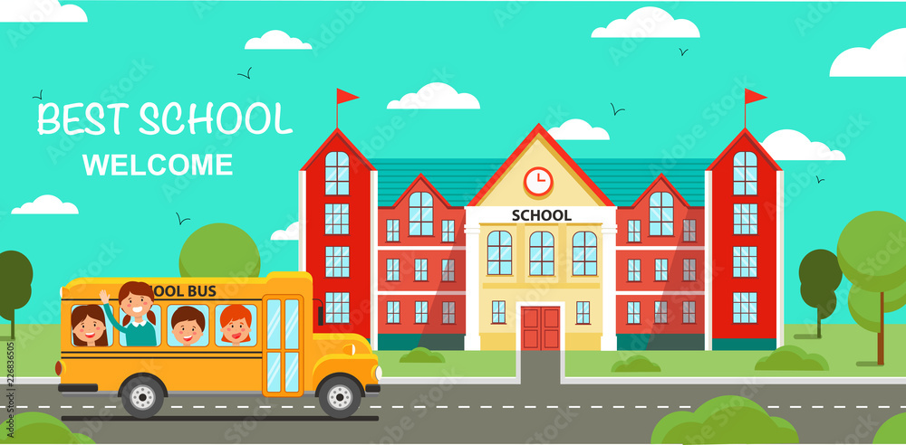 Schoolbus and School Building. Vector Illustration
