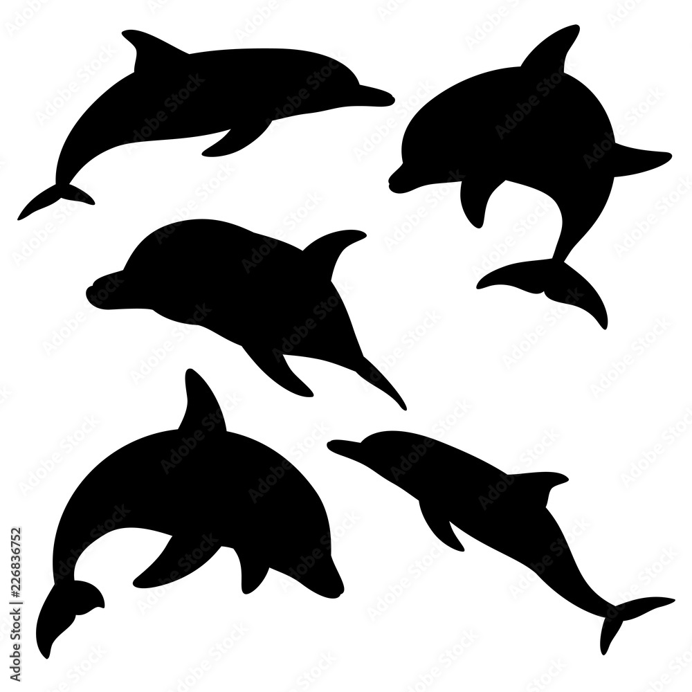 Obraz premium Delfiny do projektowania i tatuaży, łatwe w użyciu, edytowane i zastępowane. Ilustracji wektorowych