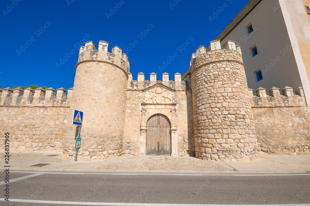 old city wall in a street of Penaranda de Duero village, landmark and public monument from fifteenth century, in Burgos, Castile and Leon, Spain, Europe