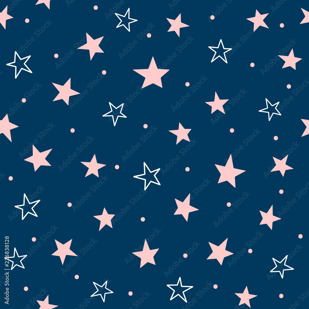 Cute seamless pattern with scattered stars and round dots. Repeated girly print. Blue, pink, white colors. Cute seamless pattern with scattered stars and round dots. Repeated girly print. Blue, pink, white colors.