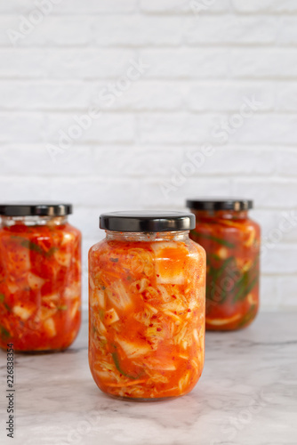 homemade cabbage kimchi in a glass jar