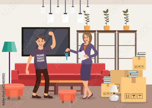 Housewarming in New Apartment. Vector Flat Illustration.