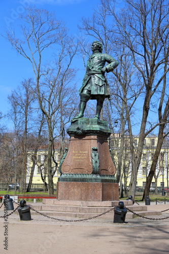 Bronze monument to Russian Emperor Peter on a spring day in Kronstadt