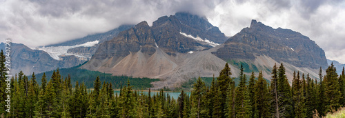 Panorama image of mountain range, Crowfoot Glacier in Banff National Park.