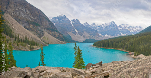 A view of Moraine Lake and surrounding mountains in Canada. 
