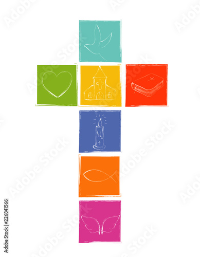 Isolated Christian cross with colored squares. Christian symbols. Religious illustration