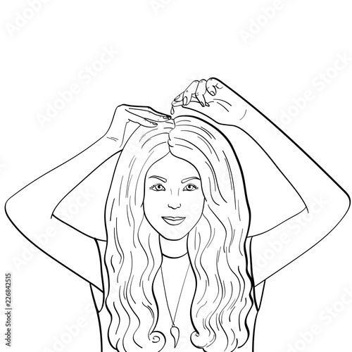 isolated object coloring, black lines, white background. The girl uses capsules to nourish and strengthen the hair, scalp and nails. Vector