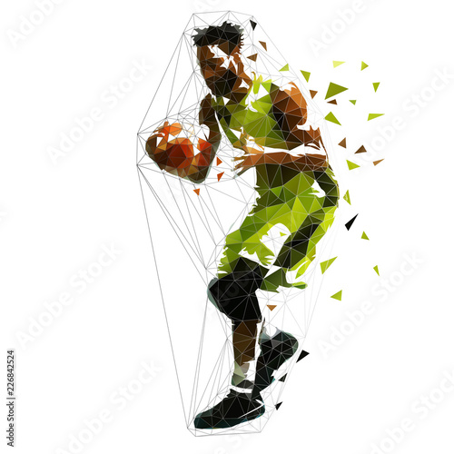 Basketball player in green jersey holidng ball, low polygonal vector illustration. Geometric team sport ahtlette
