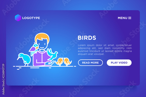 Ornithologist with different types of birds concept. Vector illustration, web page template on gradient background.