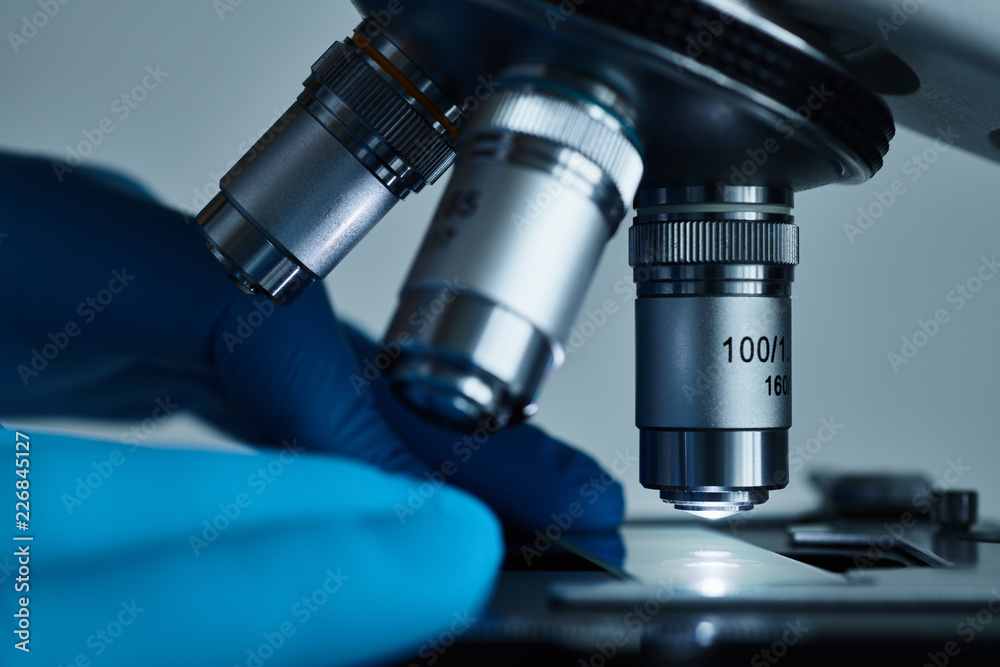 Scientist hands with sample slide on microscope close-up shot in the laboratory Scientist hands with sample slide on microscope close-up shot in the laboratory