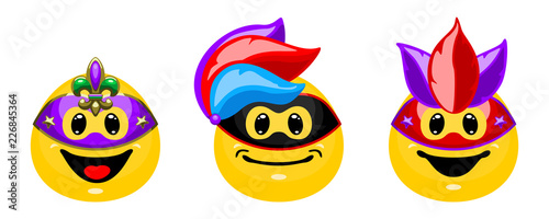 Cute emoticon in carnival mask. Smiley in cartoon style isolated on white background