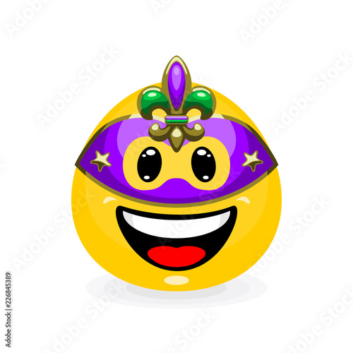 Cute emoticon in carnival mask. Smiley in cartoon style isolated on white background