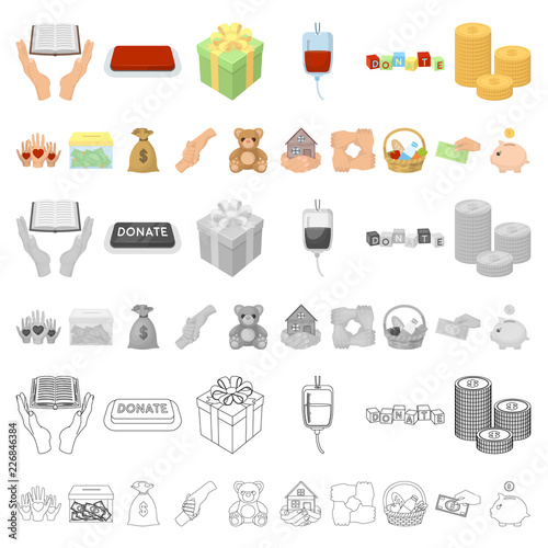 Charity and donation cartoon icons in set collection for design. Material aid vector symbol stock web illustration.