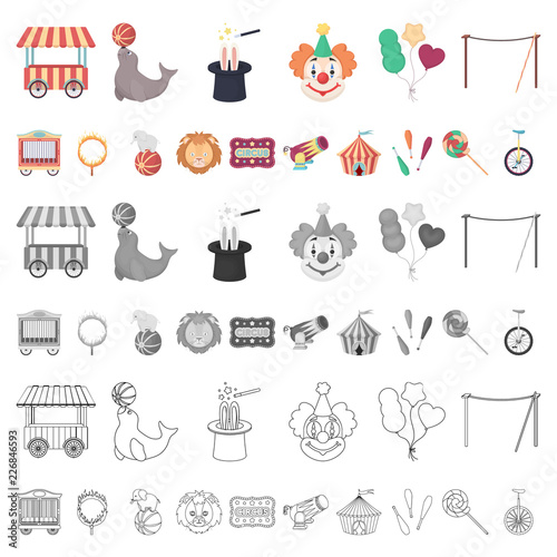 Circus and attributes cartoon icons in set collection for design. Circus Art vector symbol stock web illustration.
