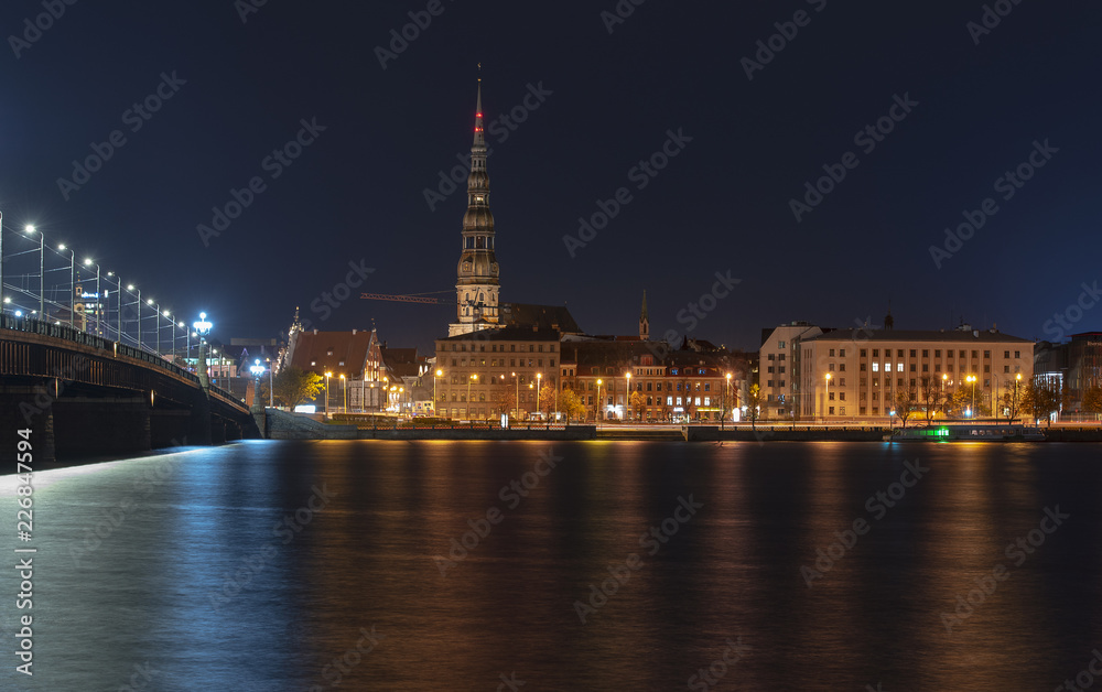 Amazing panoramic view of Riga in Latvia, Panorama of the old Town in Riga in the Night