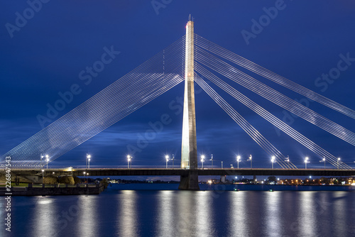 Cable bridge in Riga Latvia, night view of vansu bridge 