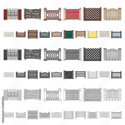 Different fence cartoon icons in set collection for design.Decorative fencing vector symbol stock web illustration.