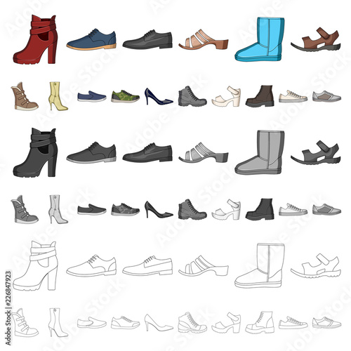 Different shoes cartoon icons in set collection for design. Men s and women s shoes vector symbol stock web illustration.