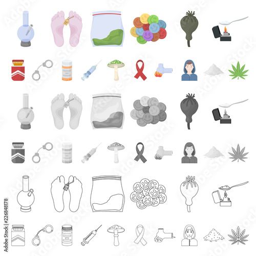 Drug addiction and attributes cartoon icons in set collection for design. Addict and Drug vector symbol stock web illustration.