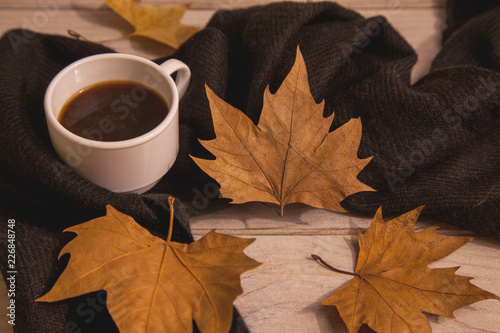 Café caliente con unas hojas de árbol 