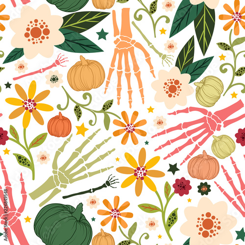 Halloween floral seamless pattern with bones,pumpkins,flowers and stars.Holiday vector background.Textile texture