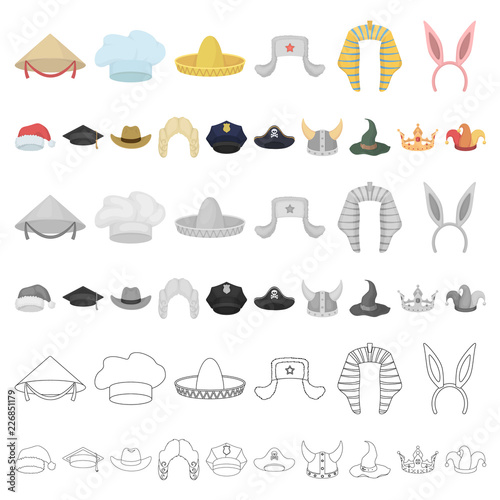 Different kinds of hats cartoon icons in set collection for design.Headdress vector symbol stock web illustration.