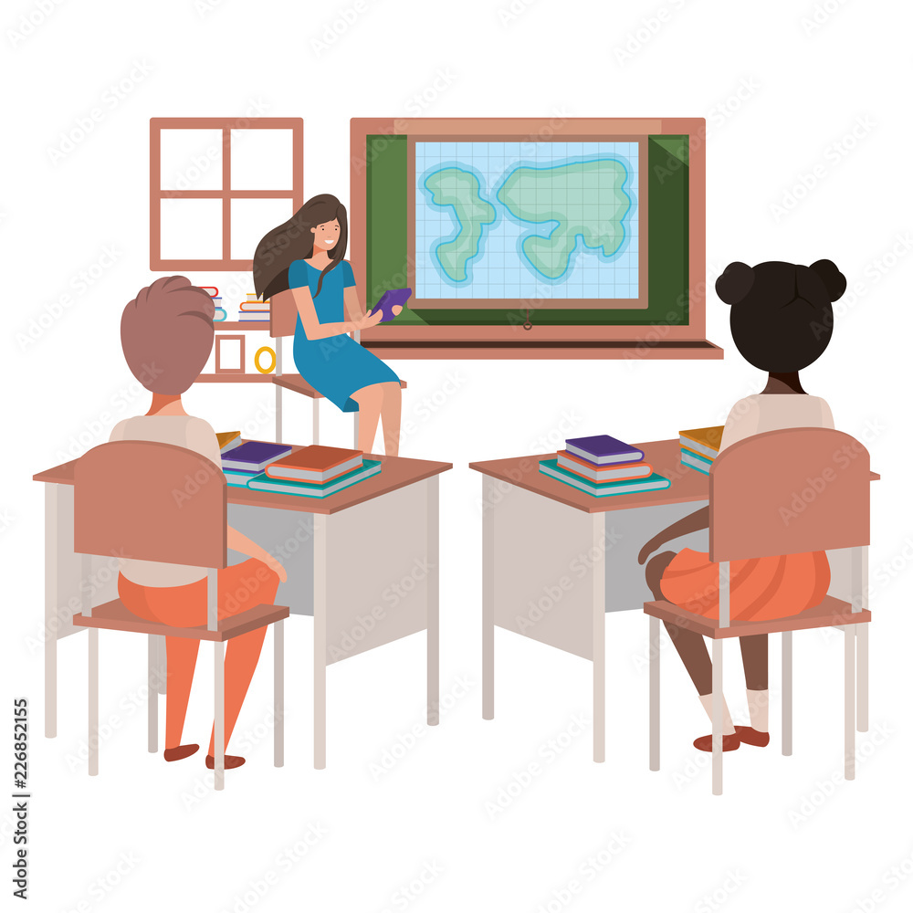 teacher in classroom with students avatar character