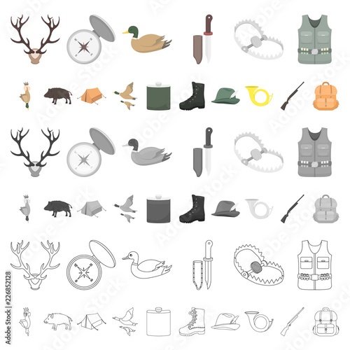 Hunting and trophy cartoon icons in set collection for design. Hunting and equipment vector symbol stock web illustration.