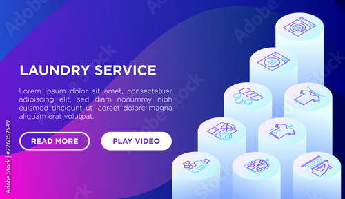 Laundry service concept with thin line isometric icons: washing machine, spin cycle, drying machine, fabric softener, iron, handwash, washing powder, steaming. Vector illustration, web page template.