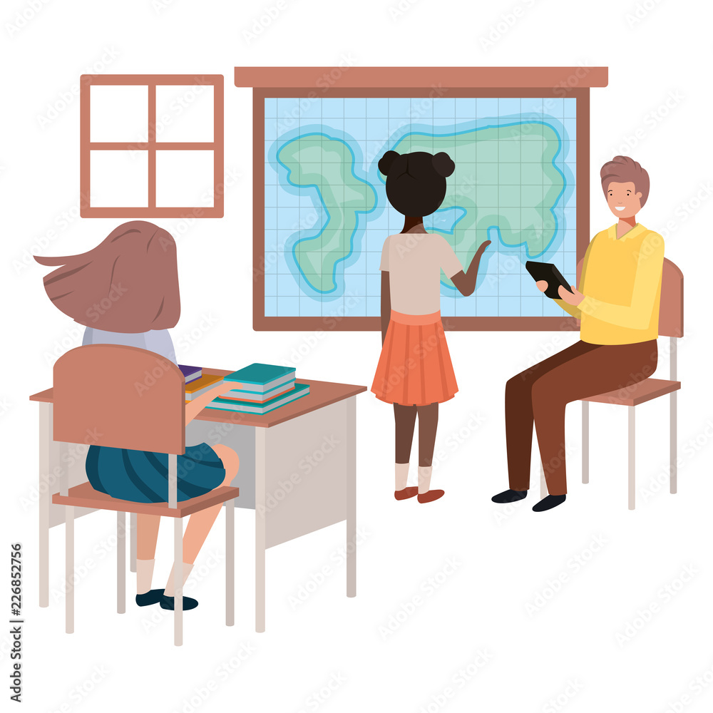 teacher in classroom with students avatar character