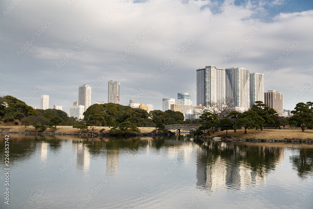 landscape concept - view of hamarikyu gardens public park in tokyo city, japan