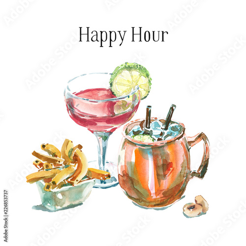 Photography Happy hour hand drawn watercolor illustration with two cocktails and appetizers