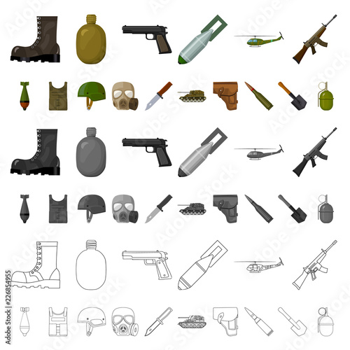 Army and armament cartoon icons in set collection for design. Weapons and equipment vector symbol stock web illustration.