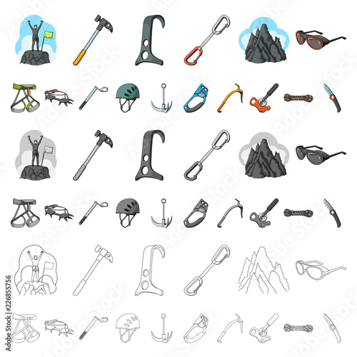 Mountaineering and climbing cartoon icons in set collection for design. Equipment and accessories vector symbol stock web illustration.