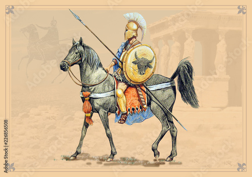 Greek rider. Hoplite horseback. Handmade historical illustration.