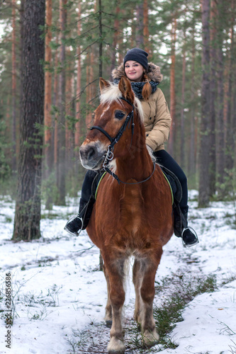 Cheerful nice girl with a horse. Country Equestrian Club. Winter trip out of town