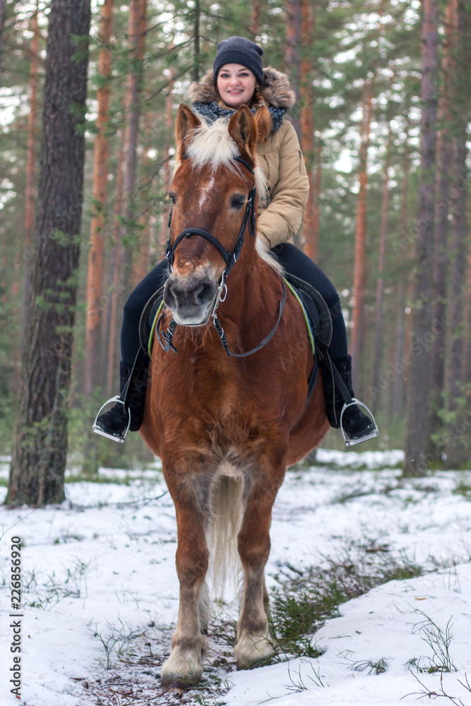 Cheerful nice girl with a horse. Country Equestrian Club. Winter trip out of town Cheerful nice girl with a horse. Country Equestrian Club. Winter trip out of town