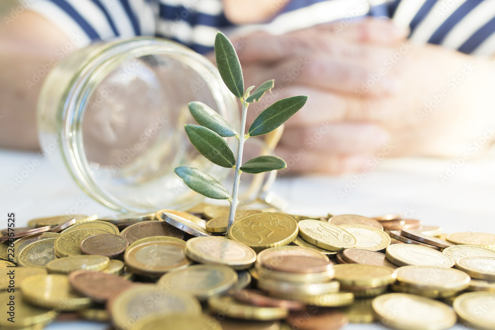 money stacked with young plant and hands of senior retired or elderly, concept of savings money stacked with young plant and hands of senior retired or elderly, concept of savings