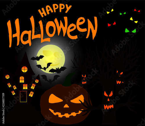 Happy Halloween hand sketched text.  Celebration quotation with bats  trees  pumpkin  scary house on moon background.