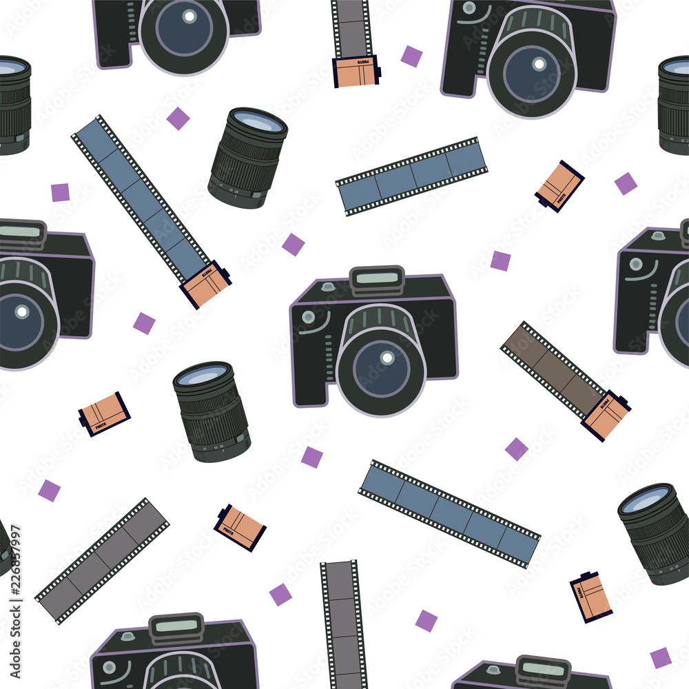 seamless pattern with photographic equipment - camera, film. decoration for  wrapping paper, ornament background, flyers and posters for photographers.  On white background. Vintage vector illustration. Stock Vector