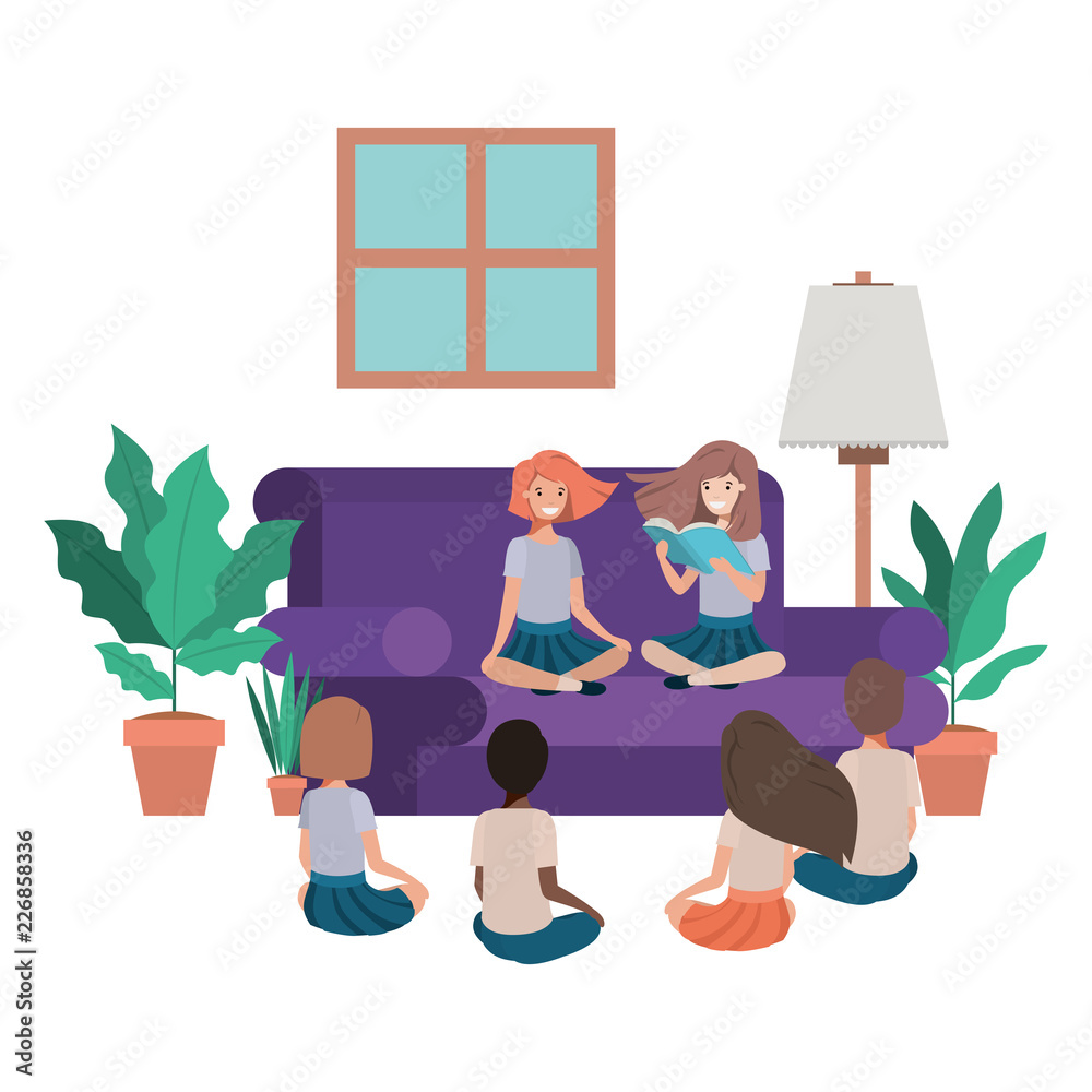 children reading in living room avatar character