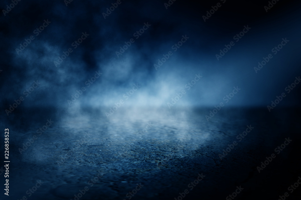 Background of an empty dark room. Empty walls, lights, smoke, glow, rays