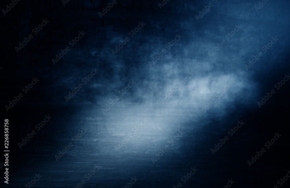 Background of an empty dark room. Empty walls, lights, smoke, glow, rays