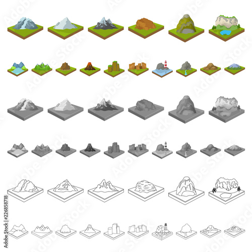 Mountains, massive cartoon icons in set collection for design. The surface of the earth vector isometric symbol stock web illustration.
