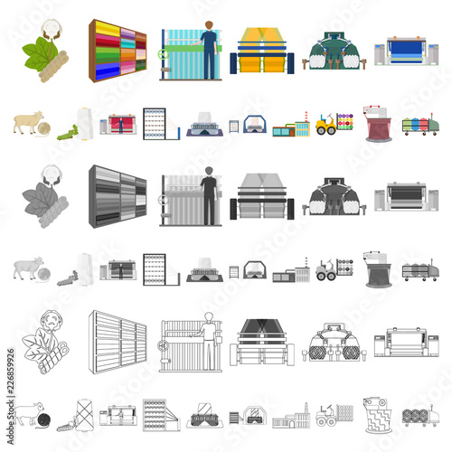 Textile industry cartoon icons in set collection for design.Textile equipment and fabrics vector symbol stock web illustration.